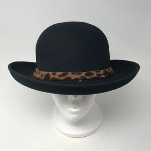 Hat Attack NY Black 100% Wool Hat Leopard Trim Bow